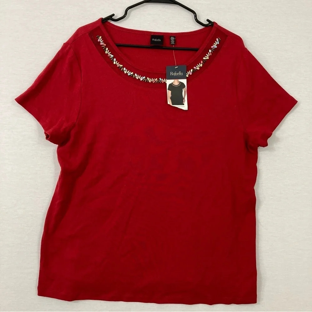 New Rafaella Red Embellished Round Neck Cotton Stretch Top XXL